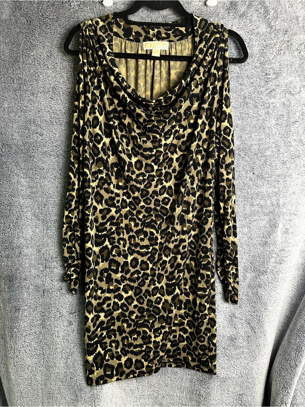Michael Kors Leopard Print Long Sleeve Cowl Neck Dress Black & Tan cold shoulder